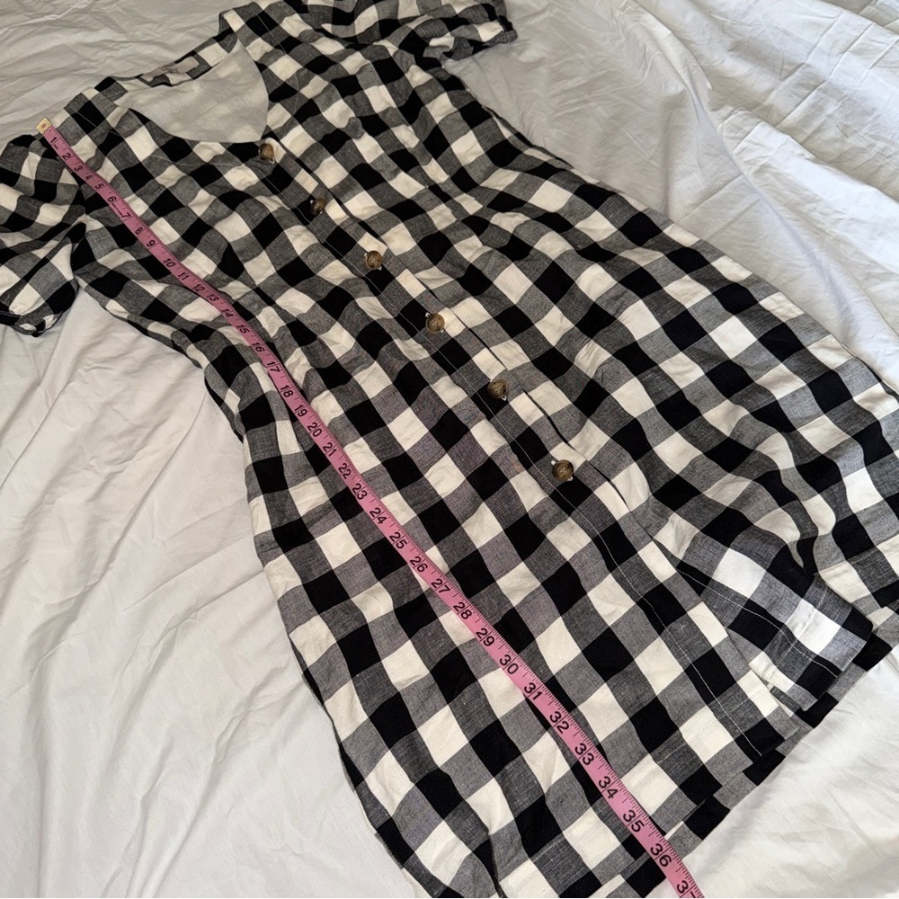 LOFT Black White Gingham Linen Blend Puff Sleeve Button Front Dress Size 4 - Picture 4 of 6